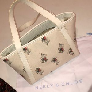 Neely & Chloe canvas tote purse with roosters NWOT white/cream/canvas